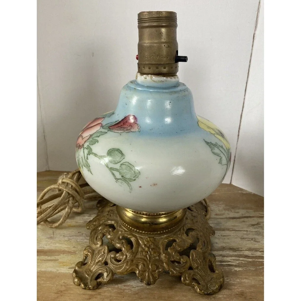 Antique vintage hand painted glass lamp blue with red yellow flowers cast base